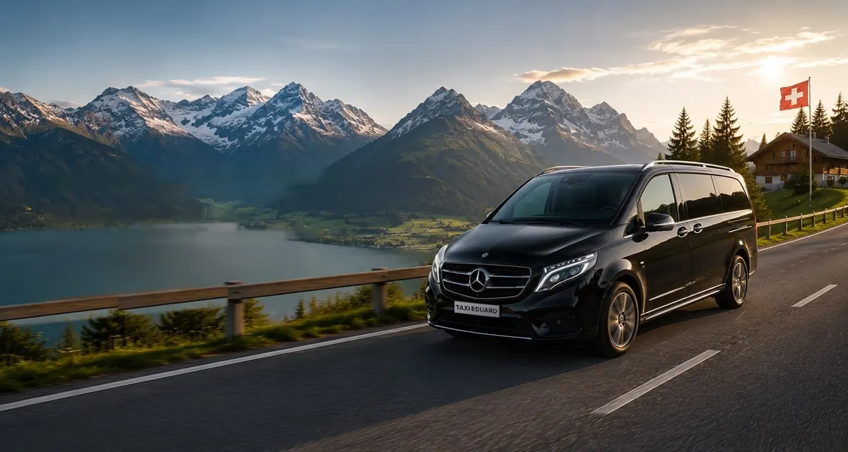 Van Mercedes noir de Taxi Eduard sur une route de montagne, avec les Alpes et le lac en arrière-plan
