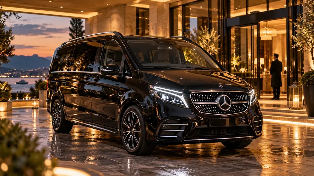 Mercedes V-Class noir dernier modèle devant l'entrée d'un hôtel de luxe au crépuscule